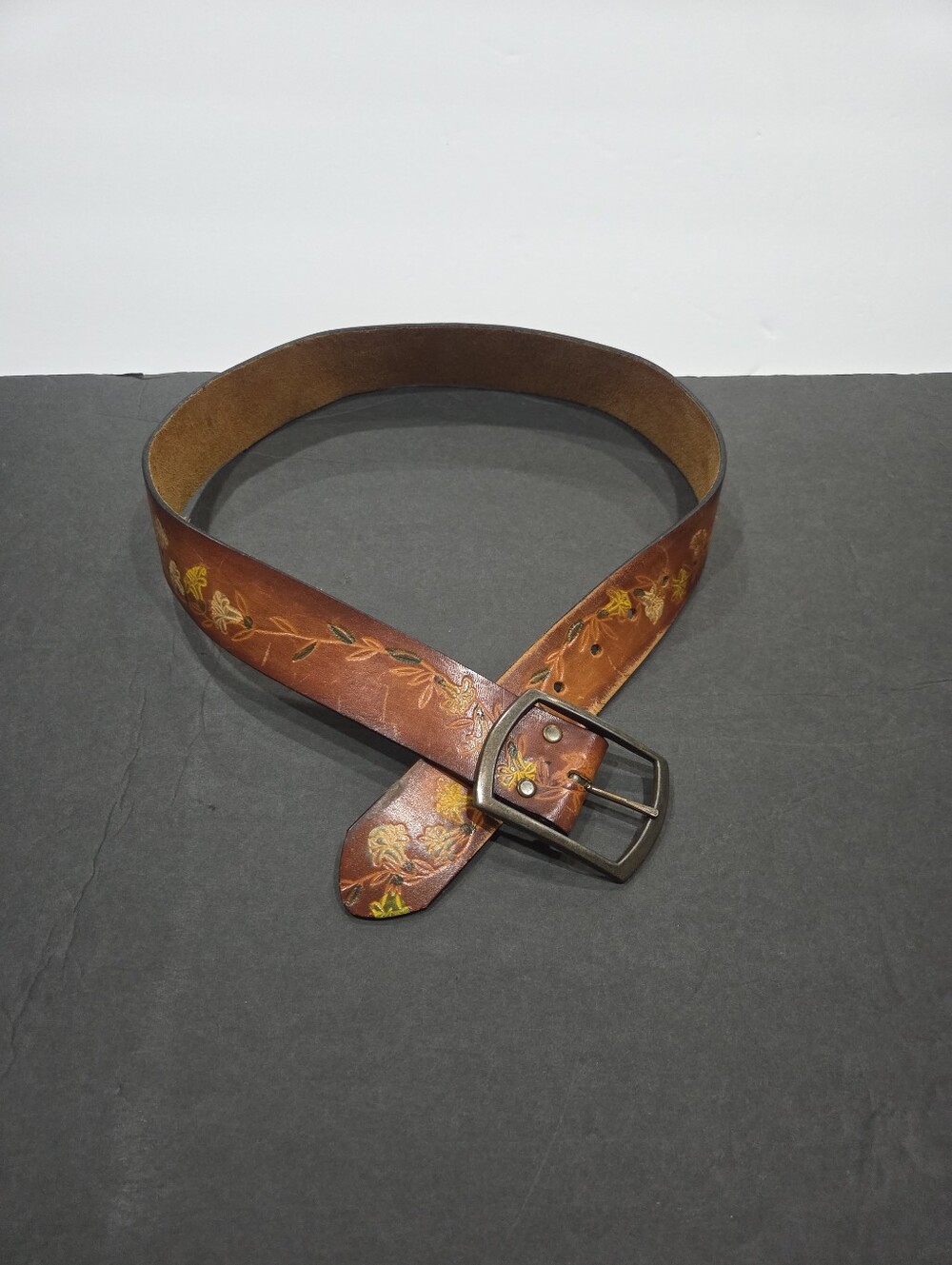 Brown Hand Painted Embossed Floral Leather Belt Size 32